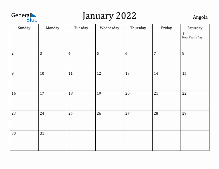 January 2022 Calendar Angola