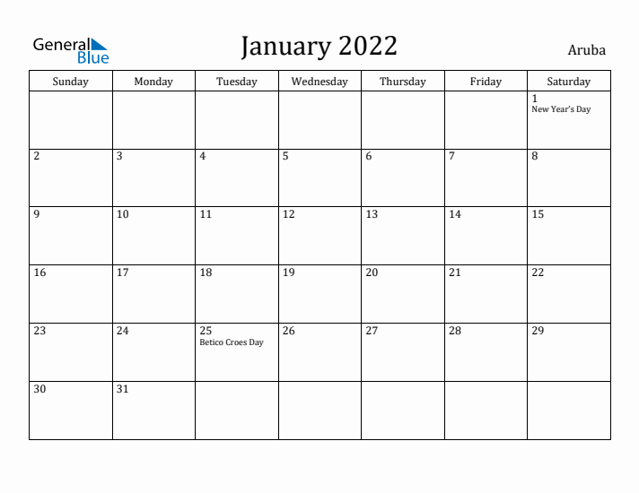 January 2022 Calendar Aruba