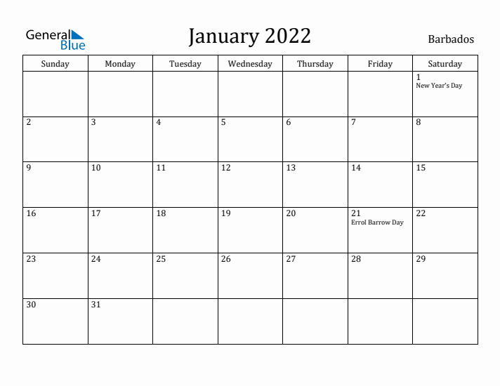 January 2022 Calendar Barbados