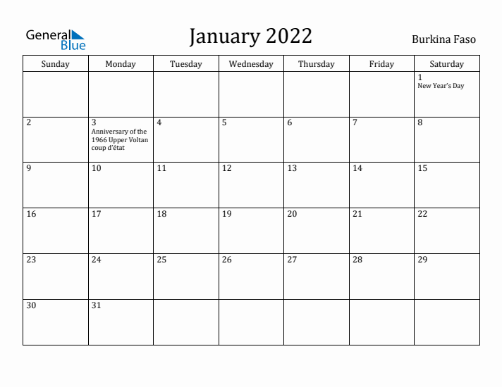 January 2022 Calendar Burkina Faso