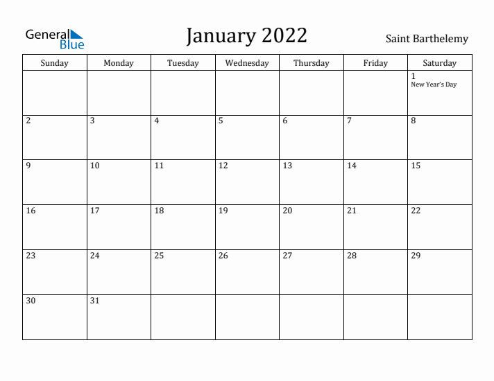 January 2022 Calendar Saint Barthelemy