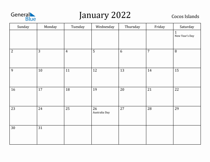 January 2022 Calendar Cocos Islands