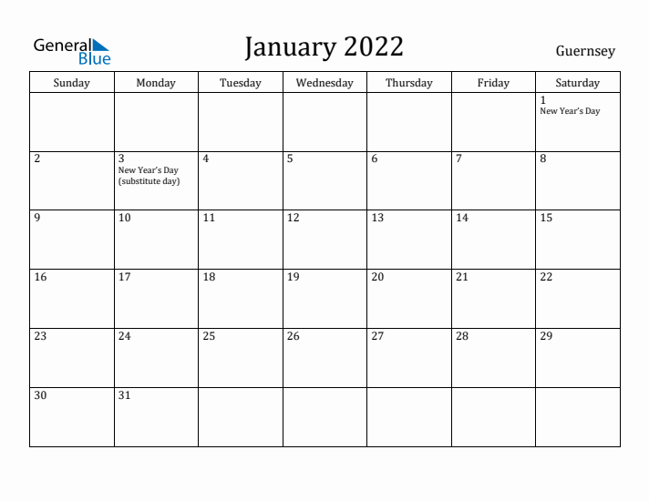 January 2022 Calendar Guernsey