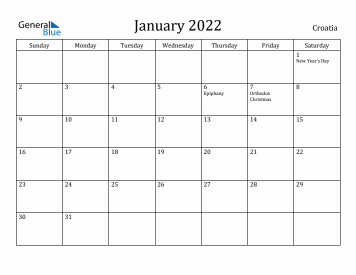 January 2022 Calendar Croatia