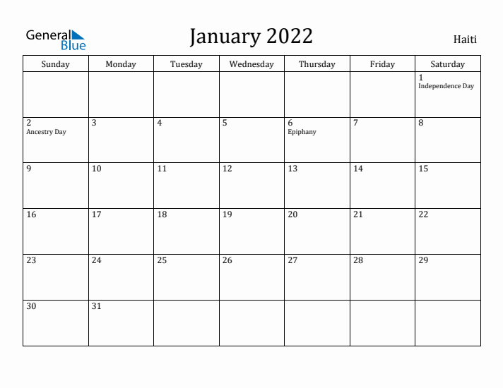 January 2022 Calendar Haiti