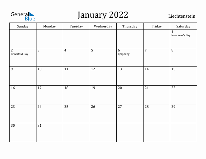 January 2022 Calendar Liechtenstein