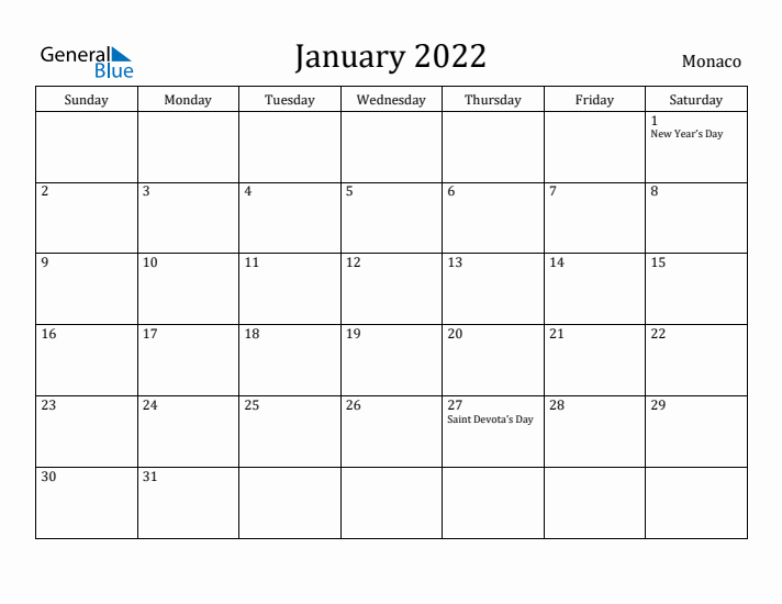 January 2022 Calendar Monaco