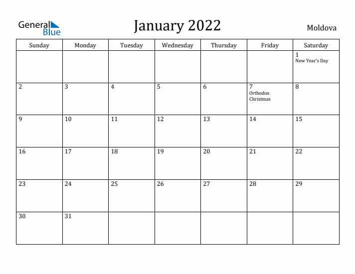 January 2022 Calendar Moldova