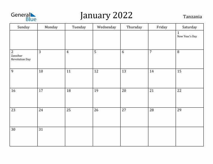 January 2022 Calendar Tanzania