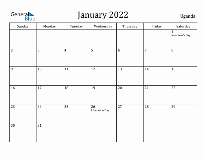 January 2022 Calendar Uganda