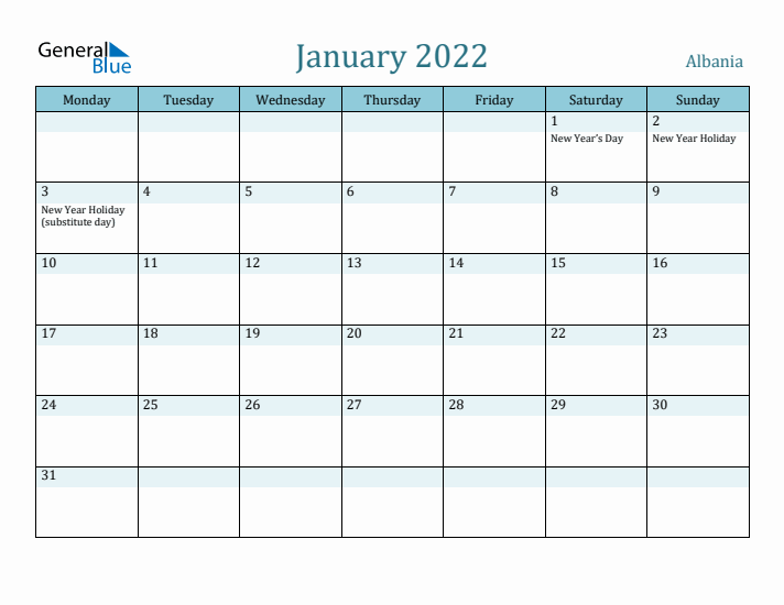 January 2022 Calendar with Holidays