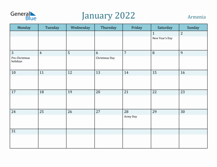 January 2022 Calendar with Holidays