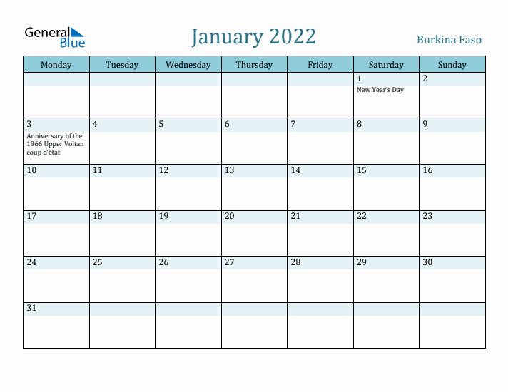 January 2022 Calendar with Holidays