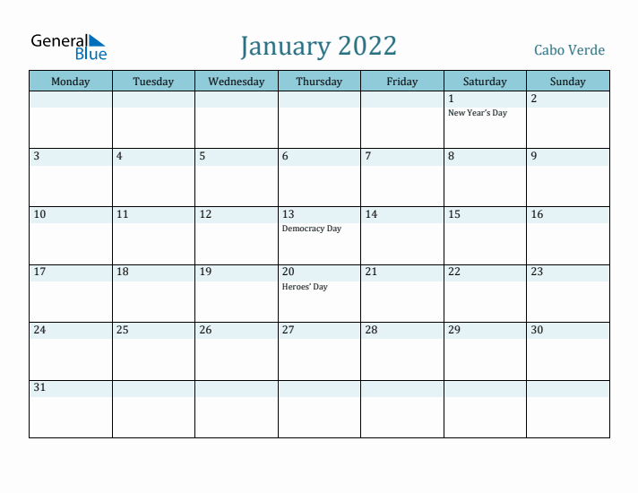 January 2022 Calendar with Holidays