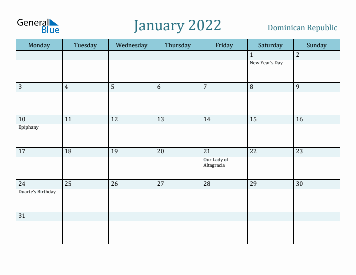 January 2022 Calendar with Holidays