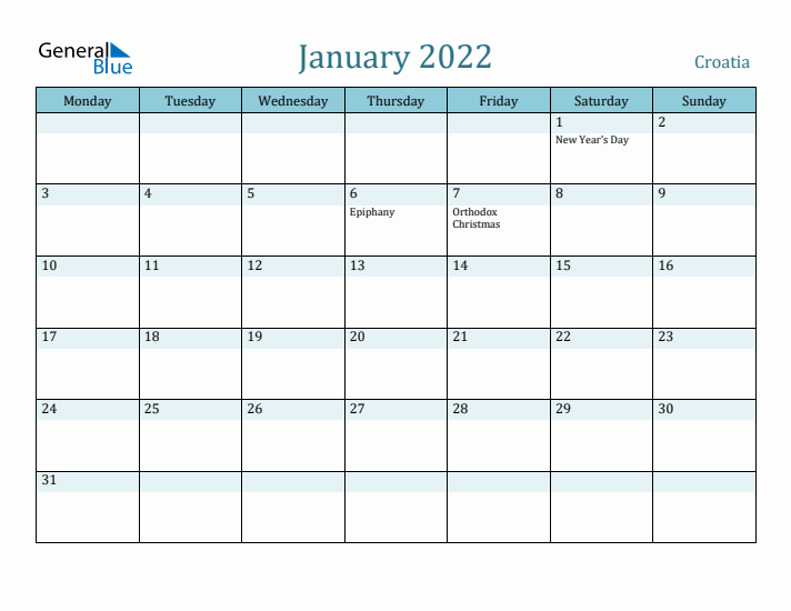 January 2022 Calendar with Holidays