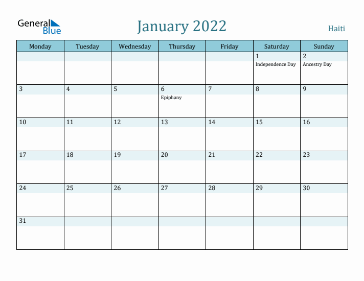 January 2022 Calendar with Holidays