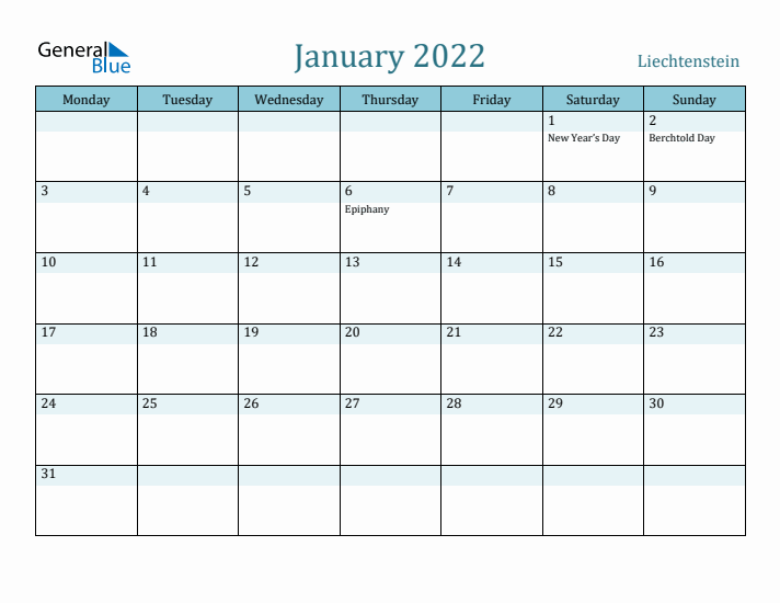 January 2022 Calendar with Holidays