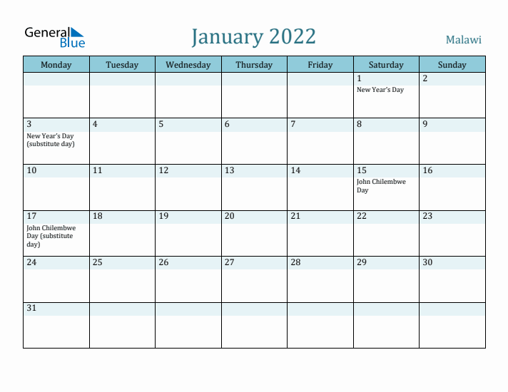 January 2022 Calendar with Holidays