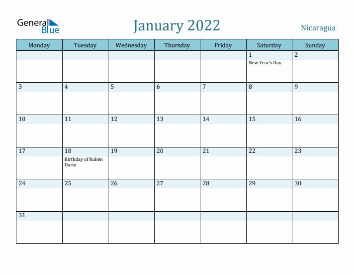 January 2022 Calendar with Holidays