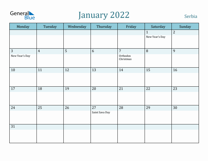 January 2022 Calendar with Holidays