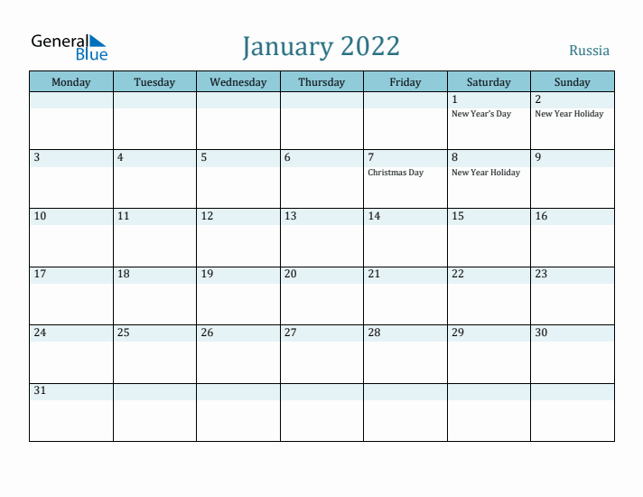 January 2022 Calendar with Holidays