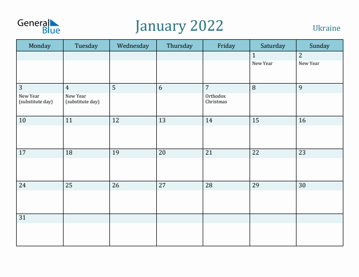 January 2022 Calendar with Holidays