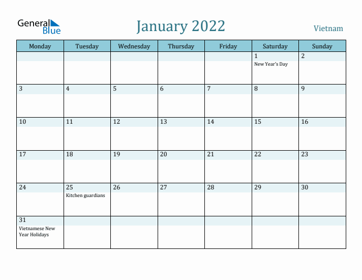 January 2022 Calendar with Holidays