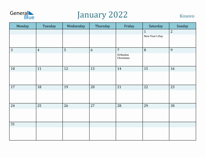 January 2022 Calendar with Holidays