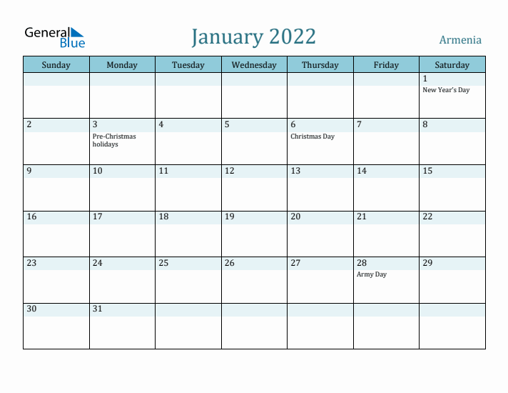 January 2022 Calendar with Holidays