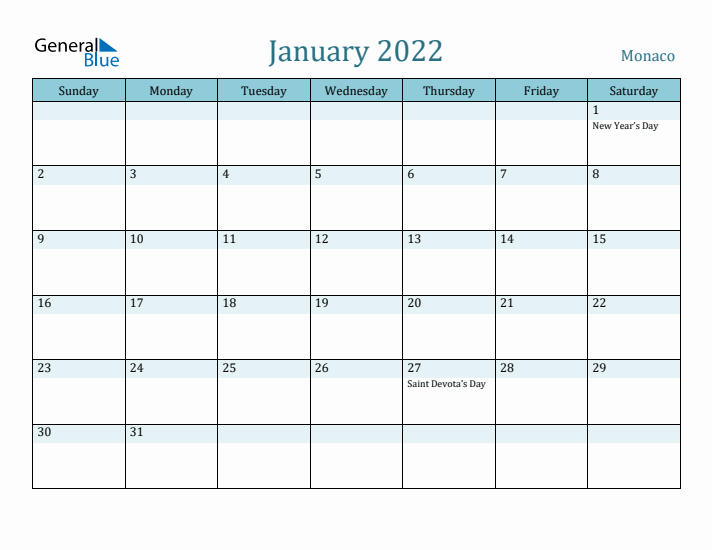 January 2022 Calendar with Holidays