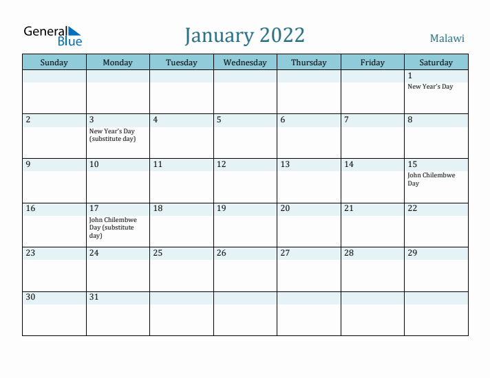 January 2022 Calendar with Holidays