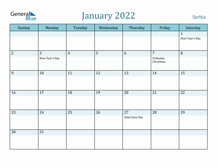 January 2022 Calendar with Holidays