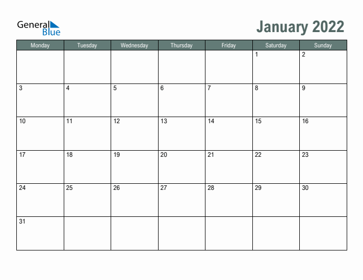 Free Printable January 2022 Calendar