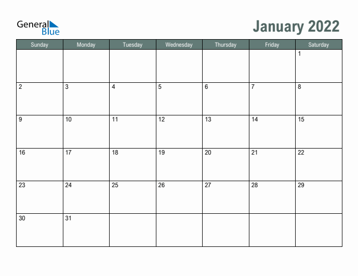 Free Printable January 2022 Calendar