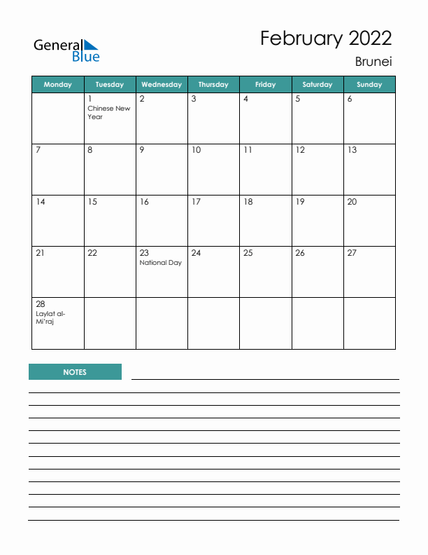 Calendar with Notes Printable - Monday Start