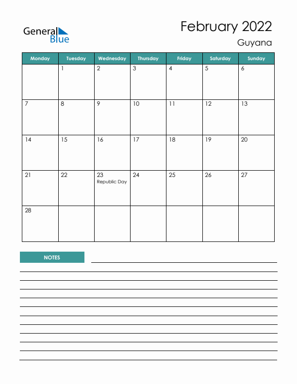 Calendar with Notes Printable - Monday Start