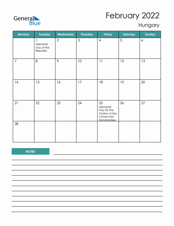 Calendar with Notes Printable - Monday Start