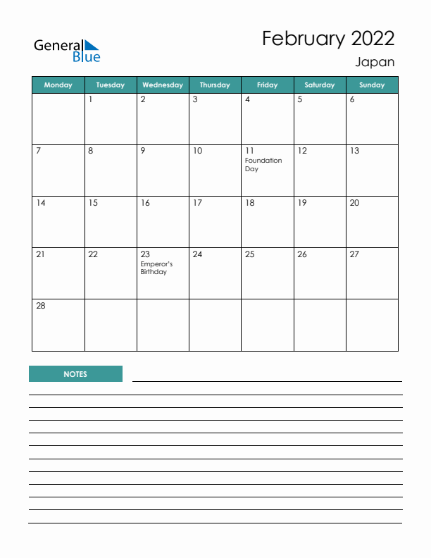 Calendar with Notes Printable - Monday Start