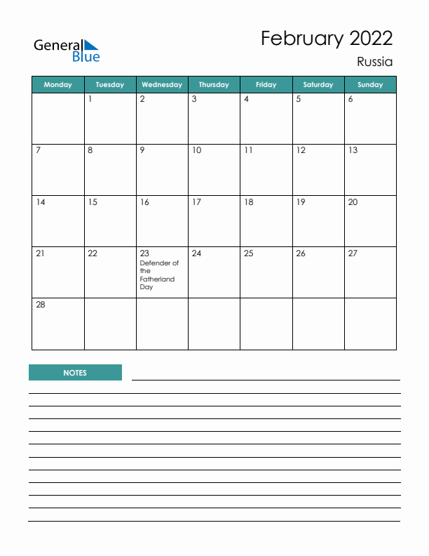 Calendar with Notes Printable - Monday Start