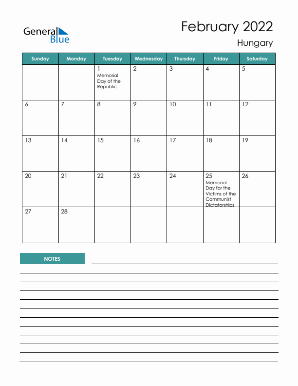 Calendar with Notes Printable - Sunday Start