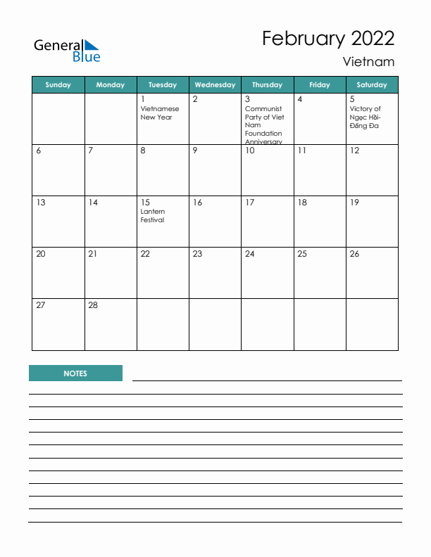 Calendar with Notes Printable - Sunday Start