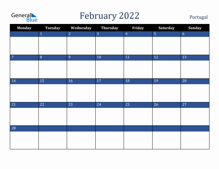 February 2022 Portugal Calendar (Monday Start)