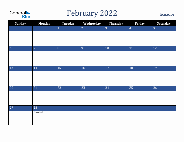 February 2022 Ecuador Calendar (Sunday Start)