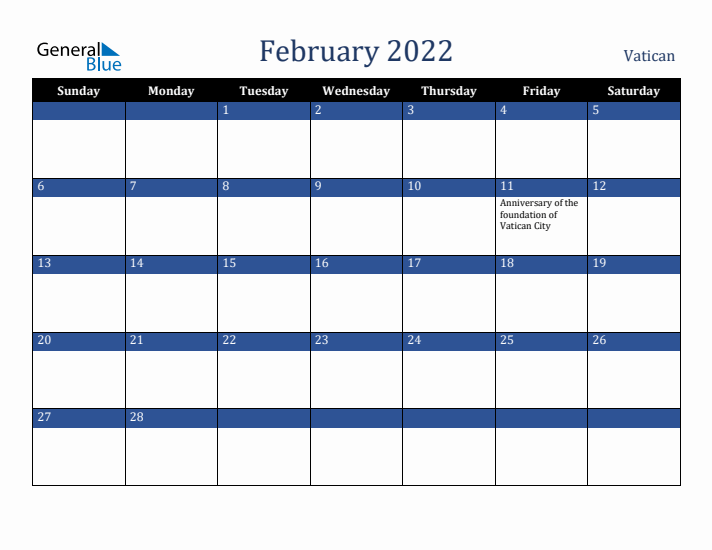 February 2022 Vatican Calendar (Sunday Start)