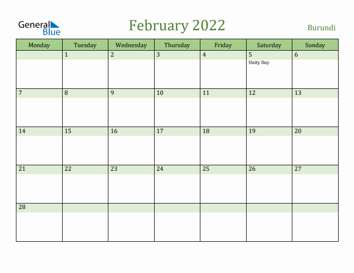 February 2022 Calendar with Burundi Holidays