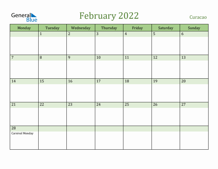 February 2022 Calendar with Curacao Holidays