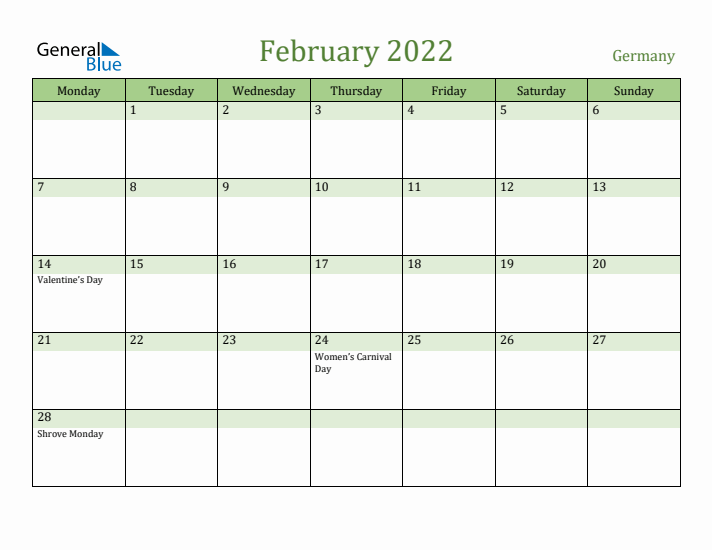 February 2022 Calendar with Germany Holidays