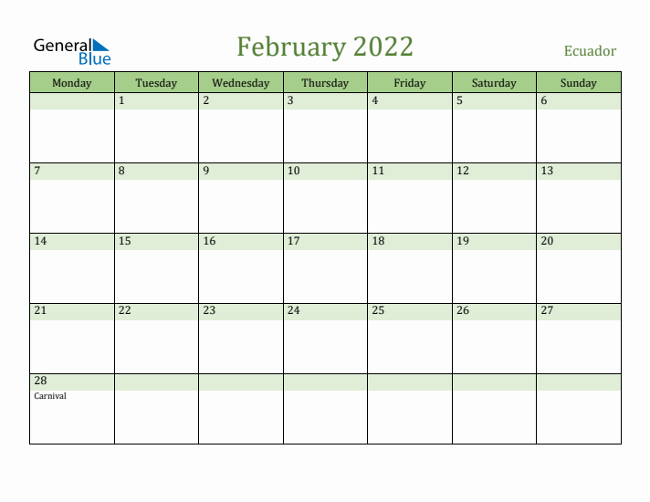 February 2022 Calendar with Ecuador Holidays