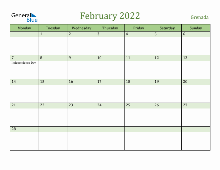 February 2022 Calendar with Grenada Holidays